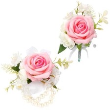 Elegant Pink Artificial Rose Wrist Corsage  Boutonniere Set for Weddings