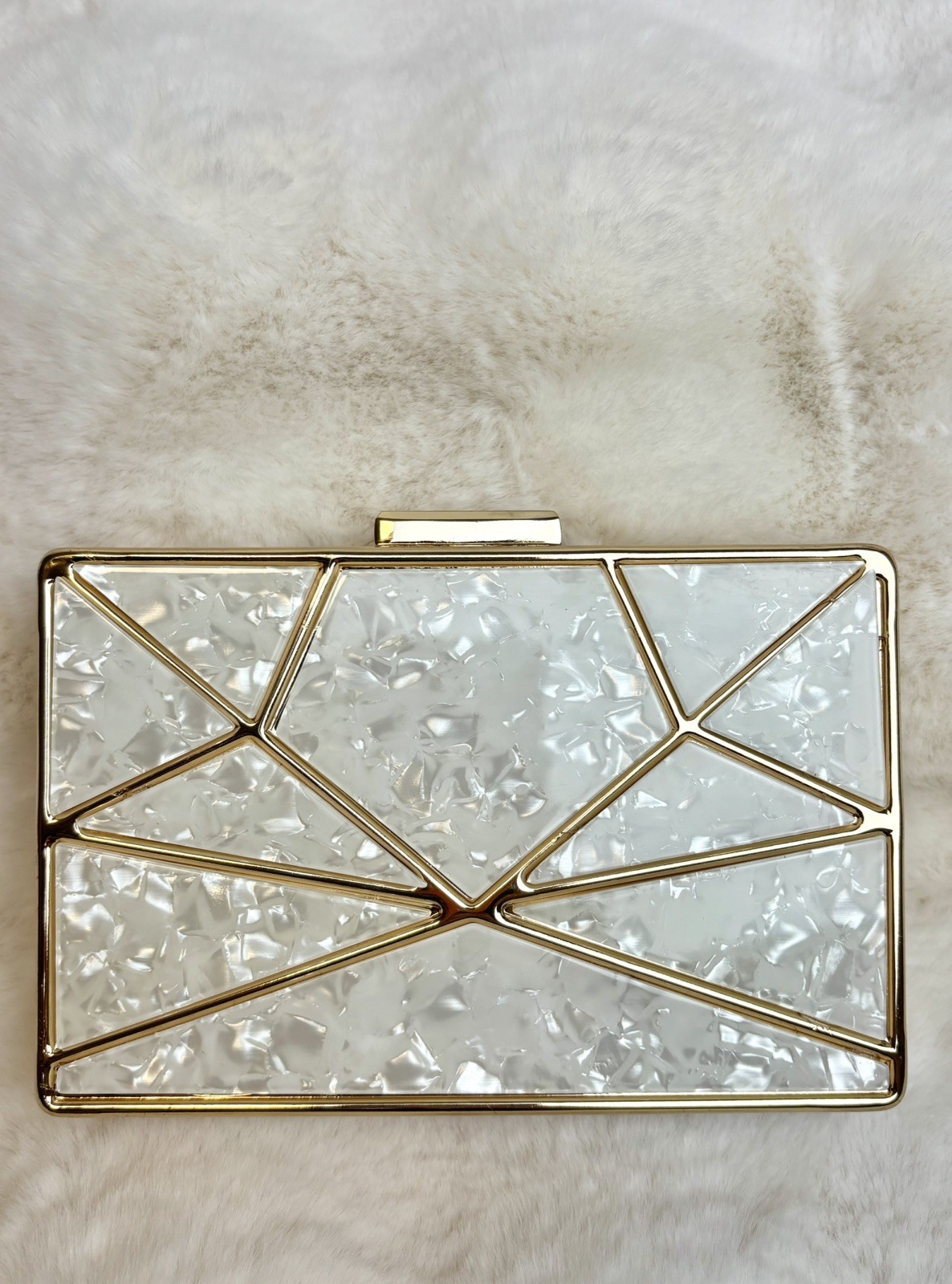 Starlet White & Gold Geometric Clutch Purse with Chain Strap | Evening Bag