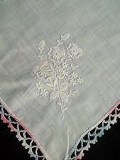 Vintage White Emb Flowers Hankie Floral Embroidery Handkerchief Hanky 653