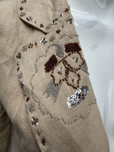 Bebe Vintage Y2K Women's S Beige Linen Beaded Sequins Long Single Button Jacket - Picture 2 of 9