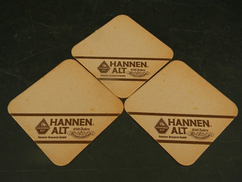 3 vintage HANNEN ALT 3.5 INCH SQUARE  BEER COASTERS MÖNCHENGLADBACH GERMANY
