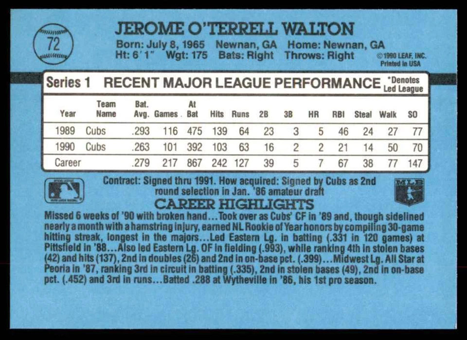 1991 Donruss Jerome Walton Chicago Cubs #72 - Image 2 of 2
