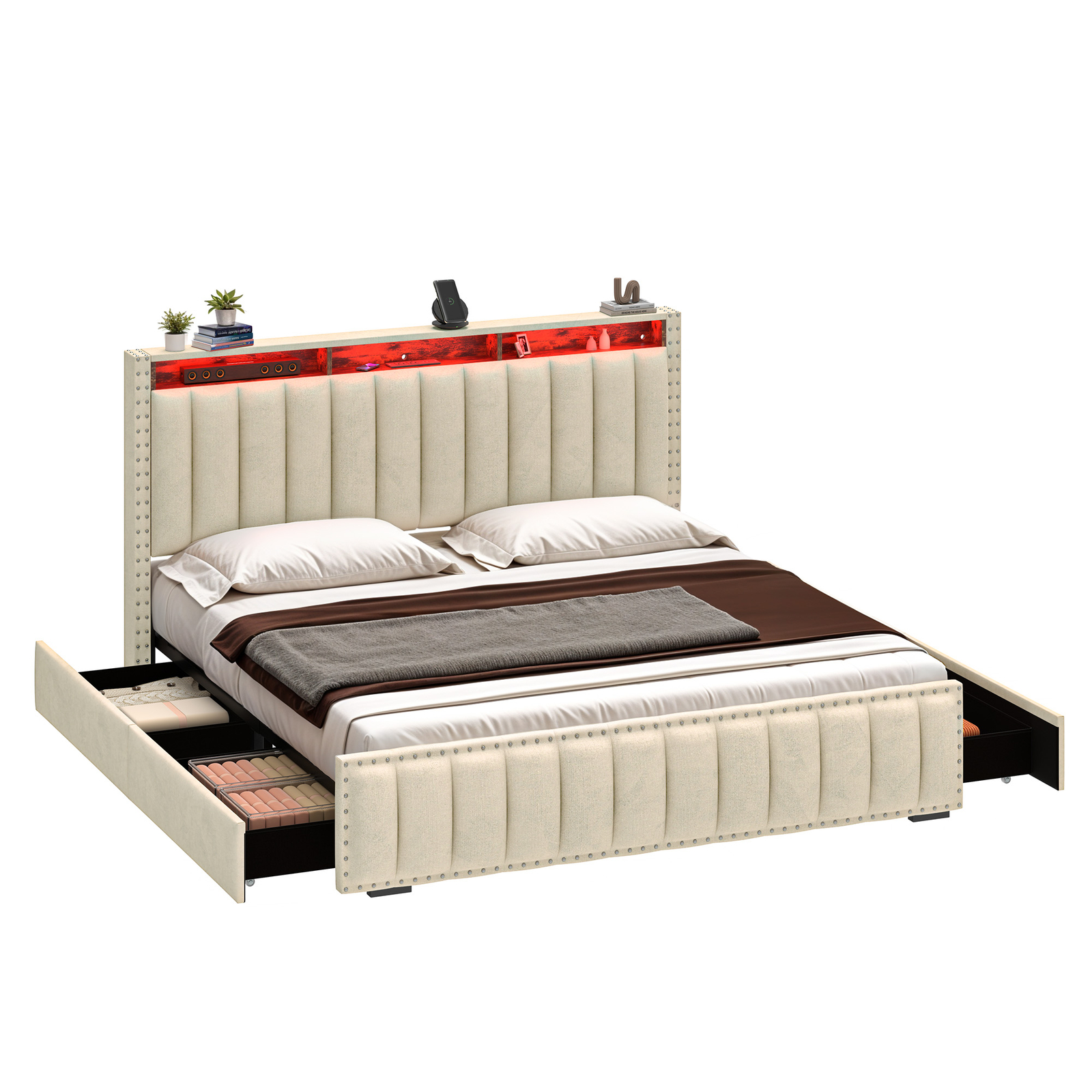 Bed Frame w/ LED Headboard 4 Drawers & Charging Outlets (King Queen Full Size)-image