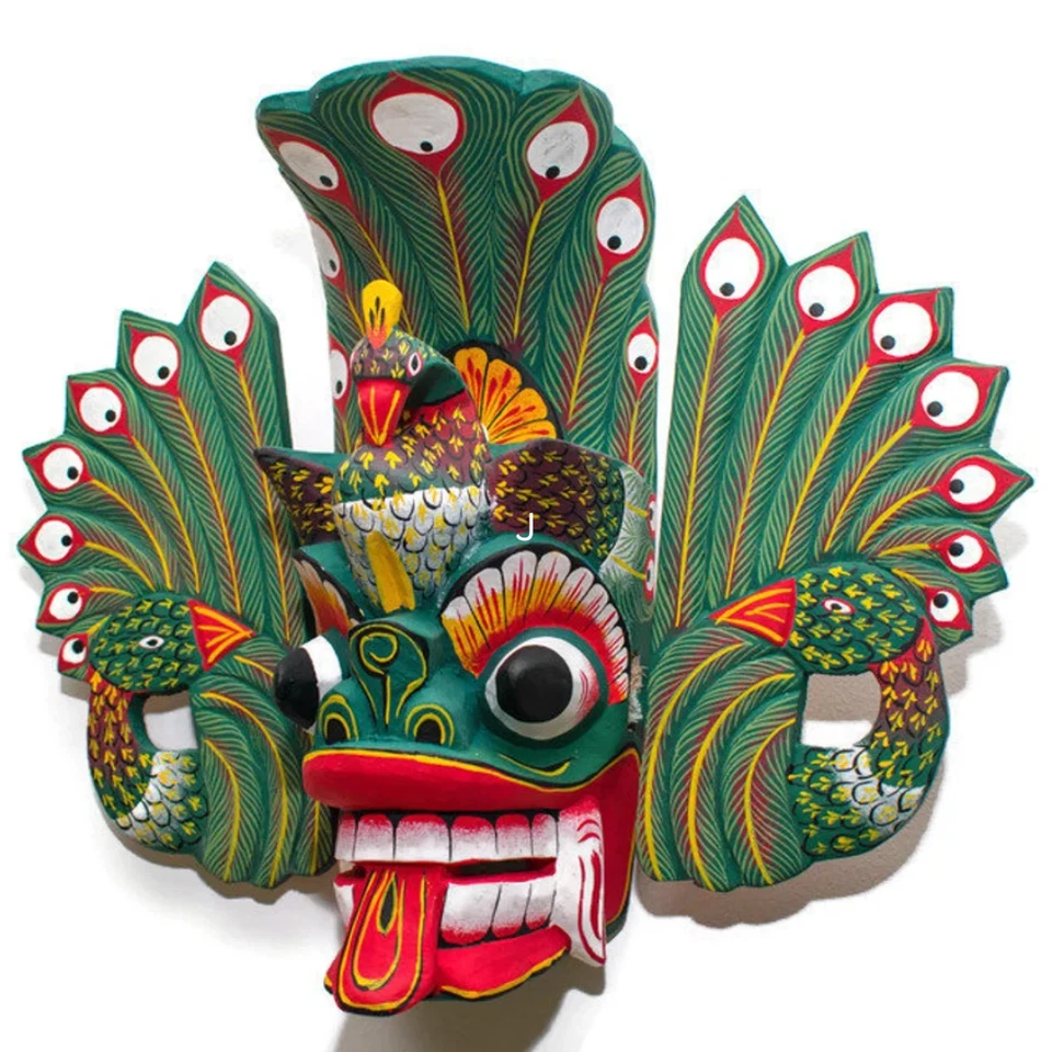 Máscara de madera de Sri Lanka 12" tradicional pavo real diablo decoración del hogar máscara colgante 12" Foto 3 de 4
