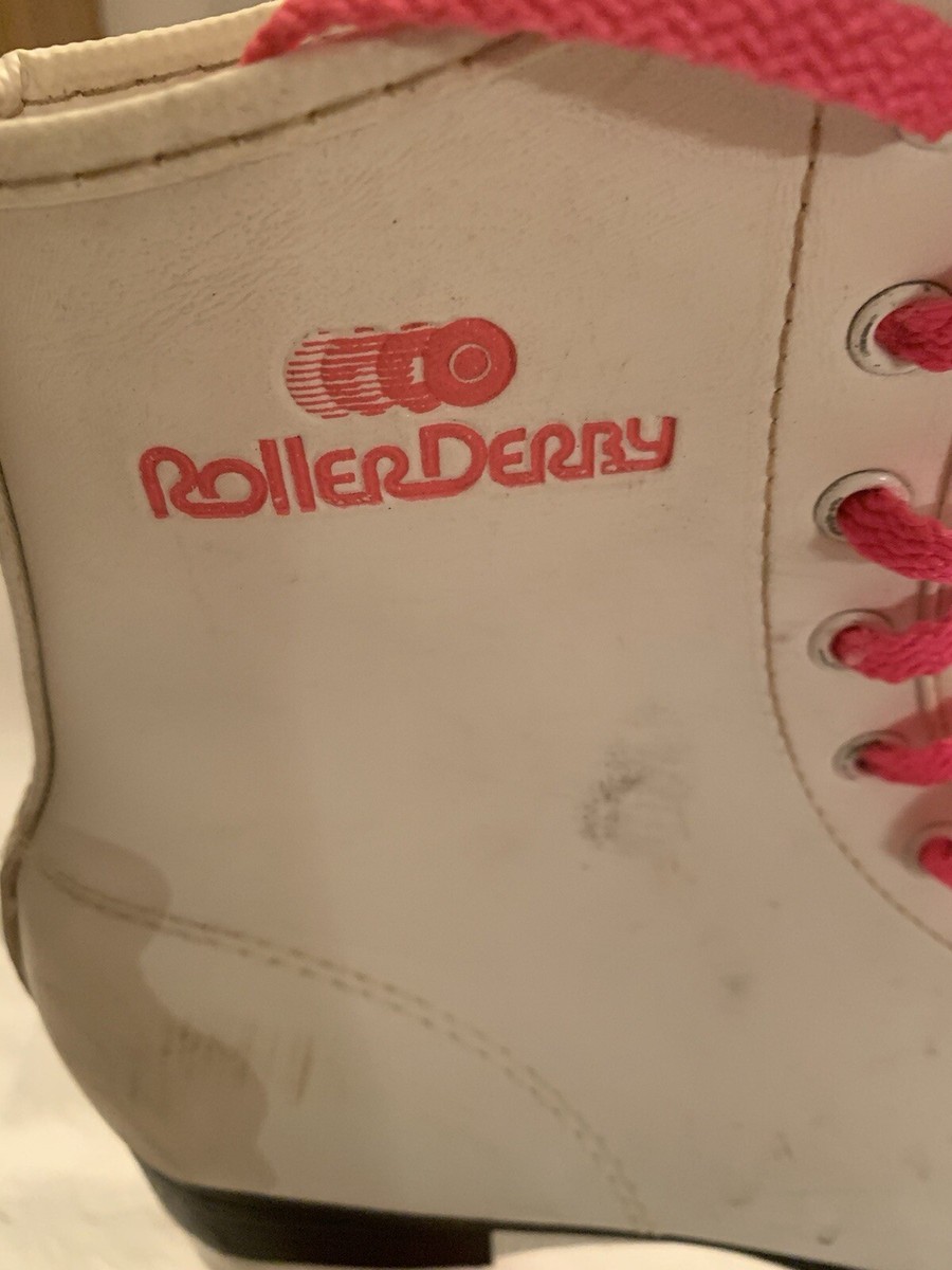 Patins à Roulettes Quad Vintage Années 80 – Roller Derby – Taille 39 (femme) – Blanc/Rose