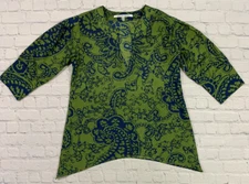 New COLLECTIVE CONCEPTS Blouse Top 3/4 Sleeve Small Green Blue Paisley V Neck