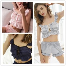 Pigiama Donna In Raso Rouches Lolita Con Canottiera A Spalline E Pantaloni Corti