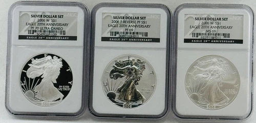 2006-P/W Set Of 3 Silver Eagle $1 Dollar 20th Anniversary NGC: PF 69, 70  #C828