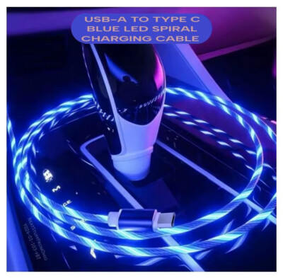 CELL PHONE CHARGING CABLE, BLUE LED  MOVING  SPIRAL MOTION, 39'', USB-A to TYPE-C