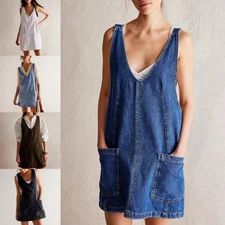 Women's V Neck Sleeveless Denim Overall Dress Adjustable Strap Summer Mini Dress