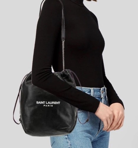 YSL Saint Laurent Teddy Bucket Bag Leather Logo Drawstring Crossbody + Pouch