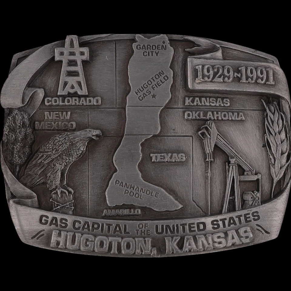 Nuevo Hugoton Kansas Campo de Gas Natural Campo Petrolero Años 90 Nos Vintage Hebilla de Cinturón Foto 3 de 4