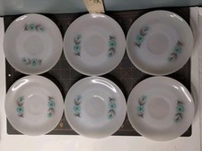 Set of 6 Vintage Fire King Saucers 6" Milk Glass Bonnie Blue Flowers Oven Ware