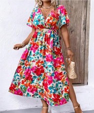 Womens Summer Dress Size Medium Floral Sundress Hot Pink Plunge V Neck SHEIN