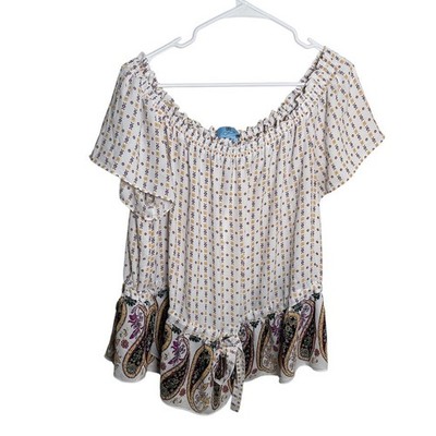 CeCe Blouse Women's XL Off The Shoulder Boho Printed Short Sleeve Shirt Casual