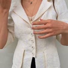 CHANEL 07P ECRU TWEED CC LOGO BUTTON JACKET BLAZER FR40 US8