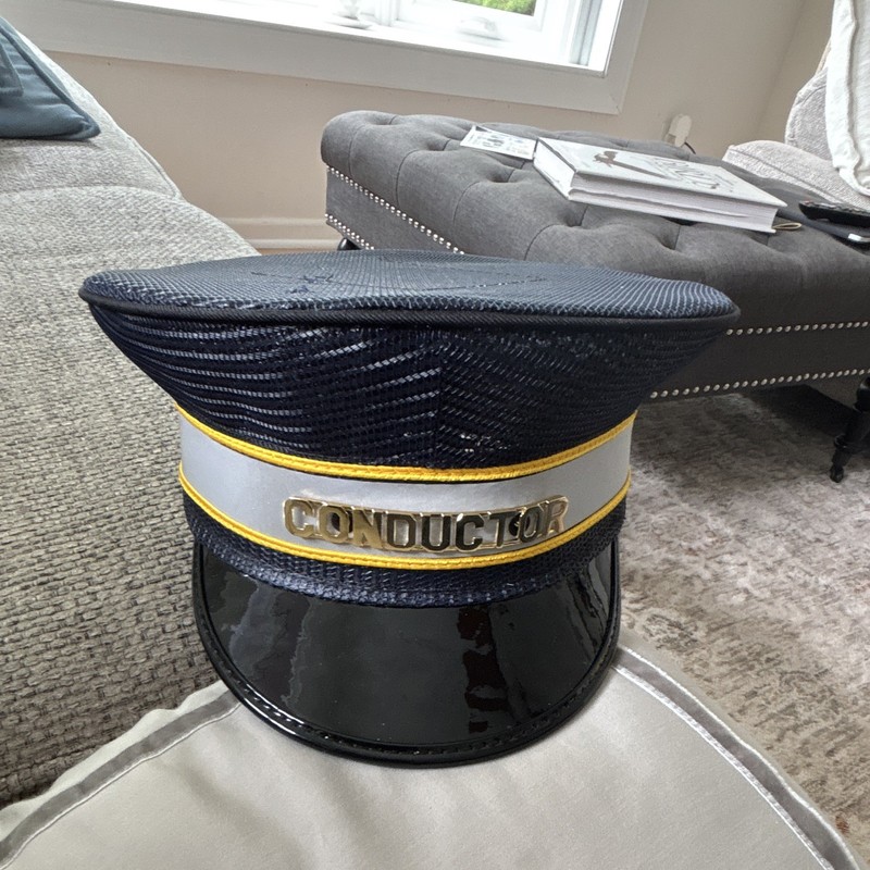 Railroad Conductor Cap Hat Navy Blue Gold Trim Black Visor CONDUCTOR Badge