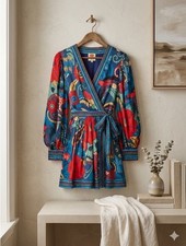 FARM Rio Women's Blue Vintage Forest Mini Dress Wrap Front XS NWT