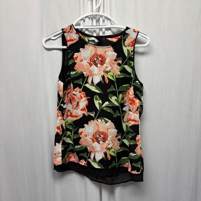 H and M Floral Sleeveless Blouse Womens Size 4 Open Back Detail Black Peach
