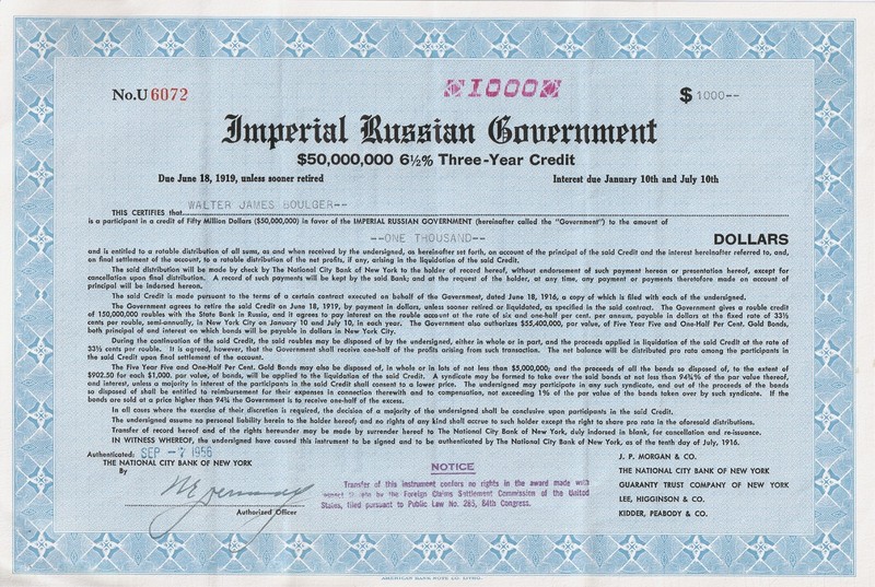 Imperial Russian Gov $50,000,000 Three-Year Credit 6.5% Bond 1919 Maturity