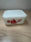 Vintage McKee Red Sailboat Refrigerator Dish & Lid Milk Glass Nautical Chips 5x4