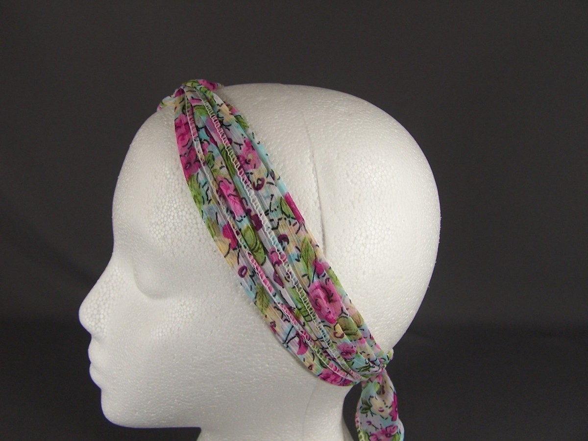 Pink Blue floral flowers long tie wrap turban twist fabric