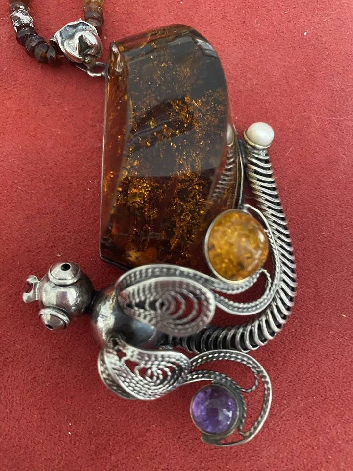 ÚNICO Juego de libélulas ámbar artesanales en plata de ley, cadena con cuentas ámbar Foto 2 de 4