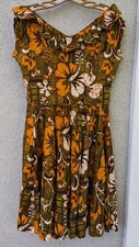 VTG 60's handmade Hawaiian Print Polynesian Ruffle swing dress Multi Tiki M/L