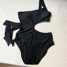 Aerie One Shoulder One Piece Cut Out Tie Side Swimsuit Full Coverage Black S
