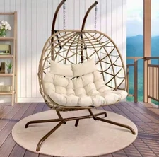 2 Person Rattan Egg Hanging Chair Patio Outdoor Indoor Wicker Swing with Stand