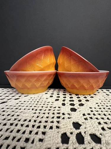 Vintage FIRE KING Bowls~Anchor Hocking Kimberly Diamond  Red Orange~Set Of 4