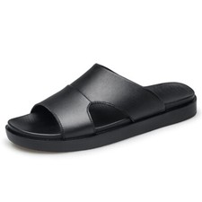 Men Black Leather Slide Sandals Slip On Casual Slippers
