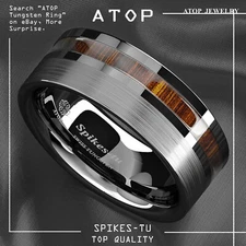 8mm Silver Brushed Tungsten Carbide Ring Off Center Koa Wood ATOP Wedding Band
