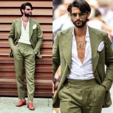 Men's Green Linen Suit Single Breasted Jacket Comfortable Stylish Summer Blazer