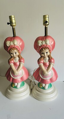 Vintage 80s Beautiful Girls With Big Bonnet Chalkware Set Of Table Lamps