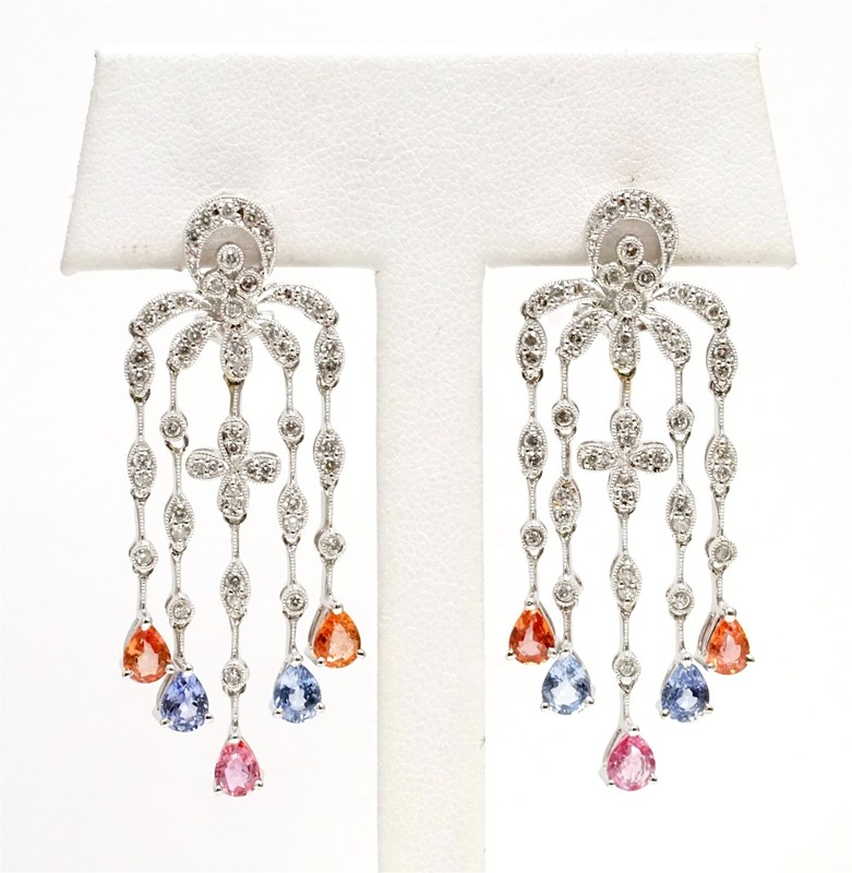 18K White Gold Chandelier Earrings w/ Diamonds, Padparadscha, Blue Pink Sapphire
