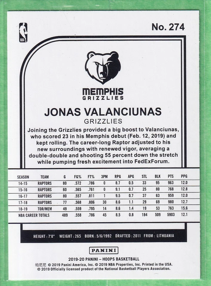 2019-20 Panini NBA Hoops Blue #274 Jonas Valanciunas Memphis Grizzlies - Image 2 of 2