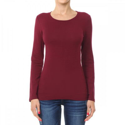 Women's Premium Cotton Basic Long Sleeve T-Shirt Top Soft Knit Solids Crew Neck