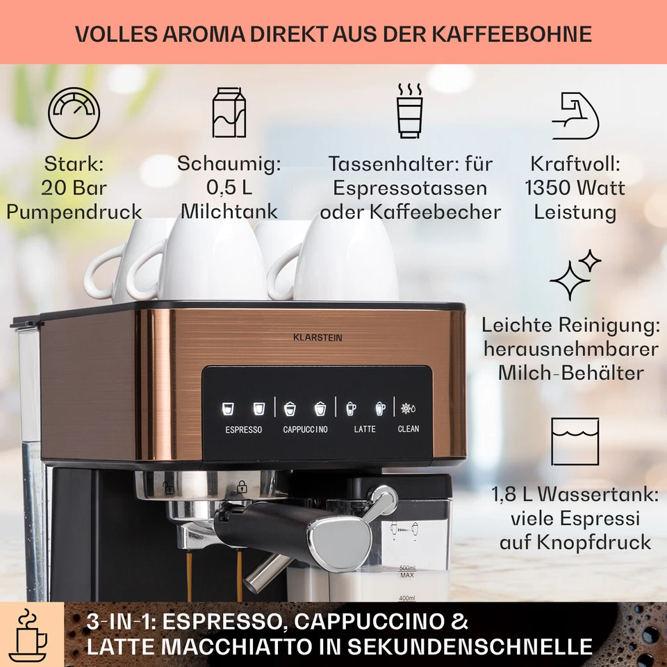 Espressomaschine Siebträger Kaffeemaschine Milchschaum 20 Bar 1,8L Touch Braun - Bild 2 von 4