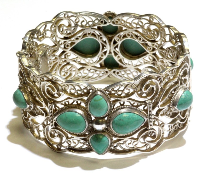 BJ Designer 925 Sterling Silver ornate turquoise gemstone bangle bracelet 54.5g