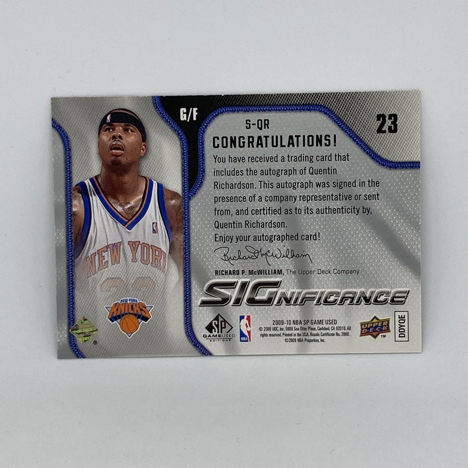 Quentin Richardson Autograph Insert 2009-10 Upper Deck SP Basketball Card #S-QR - Image 2 of 4