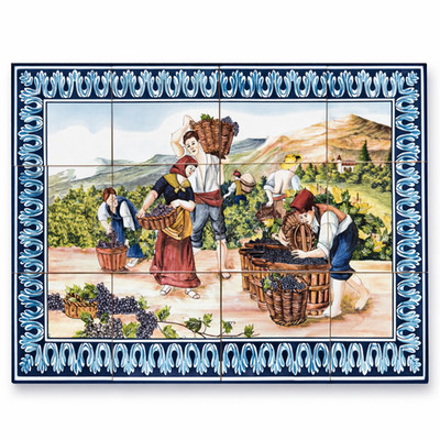 Portuguese Ceramic Tile Wall Panel   Vineyard Harvest Scene with Grape Pickers