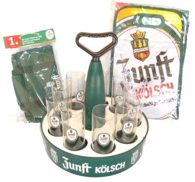 9 Zunft Kolsch Erzquell Bielstein German Beer Glasses, Tray Kranz, Bag & Cooler