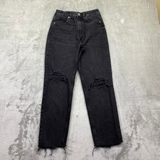 ZARA High Waisted Black Denim Ripped Jeans Straight Leg Raw Hem Sz 2 Fits 24"