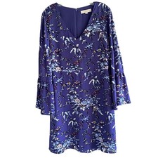Loft Dress Purple Floral Cocktail Size 10 Tiered Bell Sleeves V-Neck Zip Back