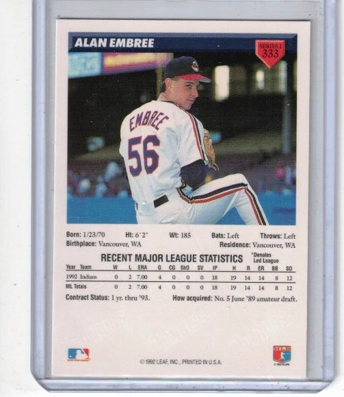 1993 Donruss #333 Alan Embree - Indians - Image 2 of 2