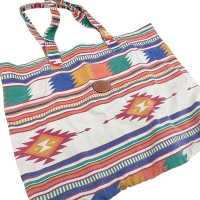 Vintage Gitano Southwestern Print Canvas Colorful Tote Bag Leather Patch 16x14''''