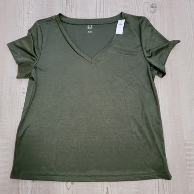 Gap Women's Short Sleeve Satin Effect V-neck - Deep Depth Green