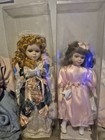 Set of 2 Porcelain Dolls Blonde & Dark Brown Fashion Theme w/ Display Cases — photo 2