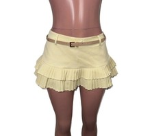 Y2K Deadstock Beige Pleated Ruffled Really Mini Skirt Rayon Linen Going Out Rave